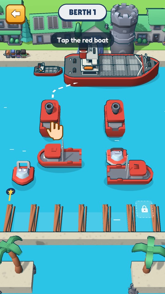 Berth Sort level 1: a red freighter at the top, red boats on the water and a hand pointing at the boat to tap
