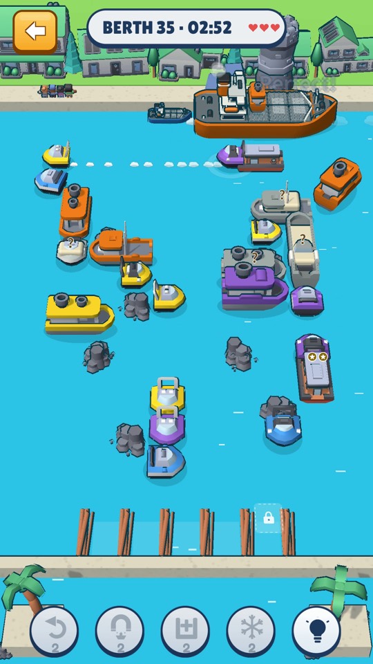 A Berth Sort level with the booster bar at the bottom: Undo, Call boat, Extra berth, Freeze and the hint lightbulb, each showing a count of 2
