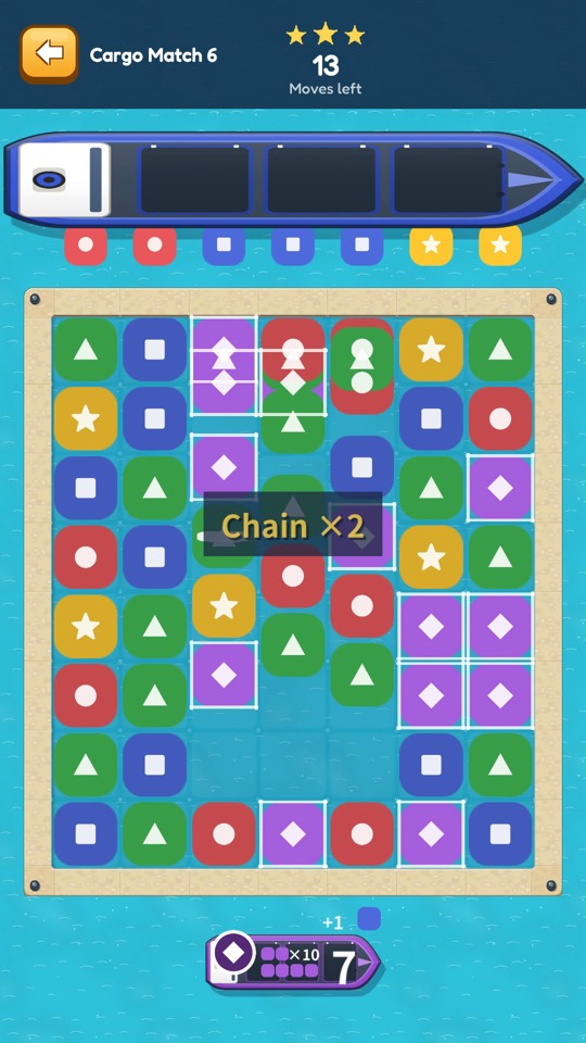 Cargo Match: a freighter with colored cargo slots at the top, a grid of colored crates below and a Chain ×2 message