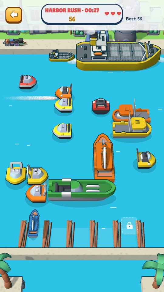 Harbor Rush: the score and elapsed time at the top, a yellow freighter loading and boats scattered across the water