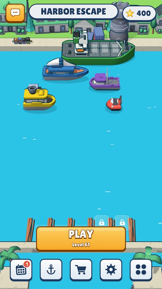 Harbor Escape home screen with the 3D harbor, a large Play button and a row of menu buttons