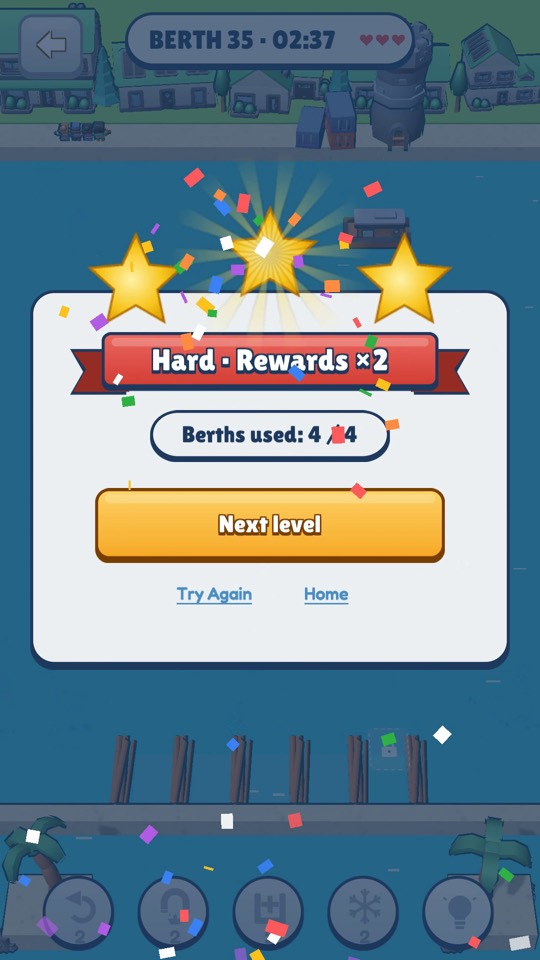 Level complete card on a Hard level: three stars, a Hard Rewards ×2 banner and Berths used 4 of 4