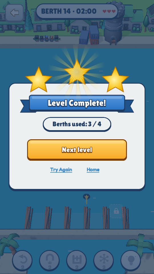 Level complete screen with two of three stars earned and a progress bar for repairing the dock